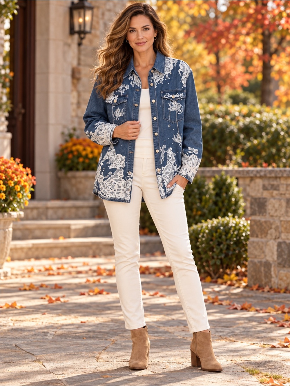 Made in Italy 🇮🇹 Denim Shirt Jacket with White Floral Lace